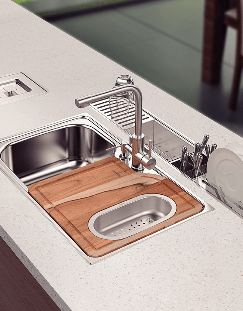 Cubas de Inox, torneiras e monocomandos de inox, acessórios de pia da marca Tramontina